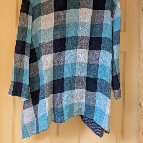 Liv by Habitat Yin Yang Shirt Womens Small Linen Blue Plaid Button Up Lagenlook - Picture 6 of 8